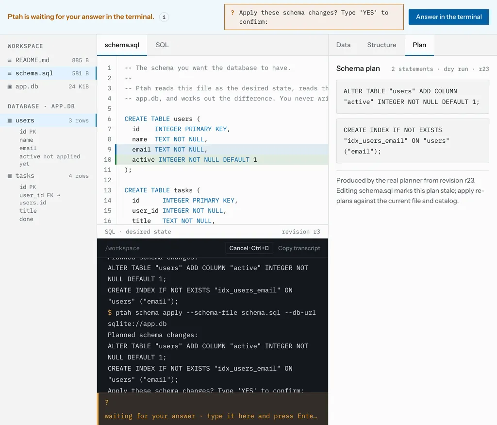 The playground while schema apply waits for an answer. The strip reads
“Ptah is waiting for your answer in the terminal.” next to the question “Apply
these schema changes? Type ‘YES’ to confirm:”. At the foot of the terminal,
the prompt row is highlighted in amber.