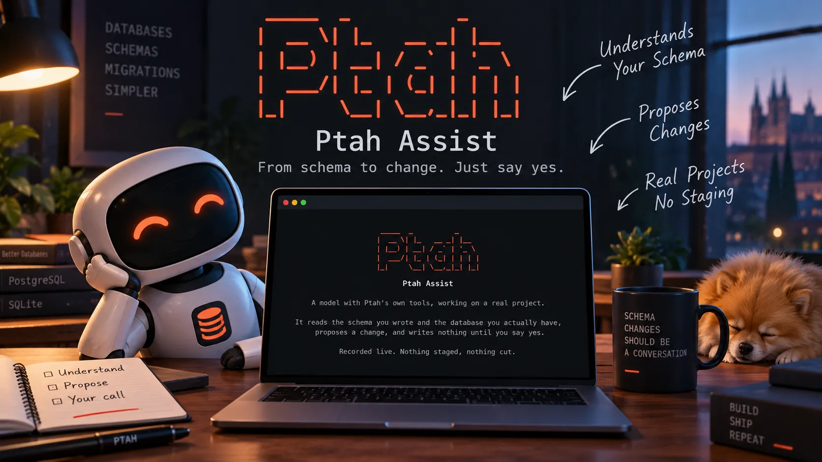 Ptah Assist. A laptop on a desk showing the session’s opening card: a model
with Ptah’s own tools, working on a real project. It reads the schema you wrote
and the database you actually have, proposes a change, and writes nothing until
you say yes.